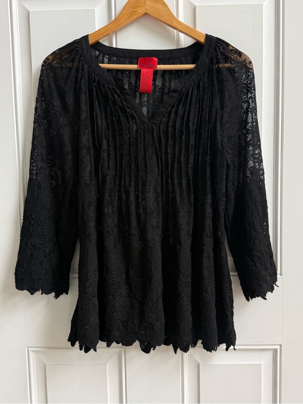 V Cristina Black Lace Pintuck Pleat Sheer Blouse V-Neck Scalloped Hem whimsigoth